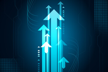 Abstract dark technological background with blue vertical striving up arrows. 3D rendering
