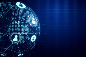 Personal data and people connection concept with digital user icons connected by lines in form of world map globe on dark blue empty background with place for your logo or text. 3D rendering, mock up