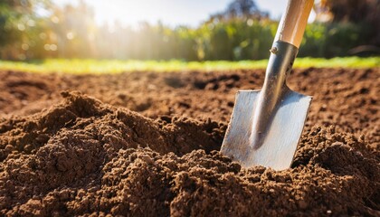  A shovel digging into fresh soil, symbolizing new projects, beginnings, or groundbreaking work