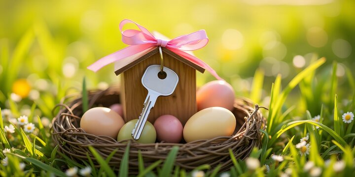 Easter Home Key in Nest with Colorful Eggs

