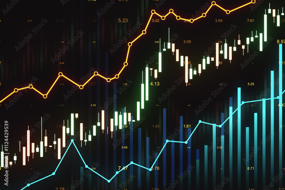 Aufkleber stock market growth and investment concept with digital glowing candlestick and graphs on dark techn