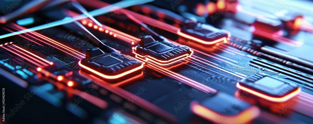 Poster neon circuit board with glowing lines and modern technology elements