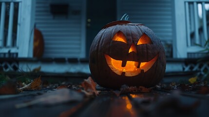 A sinister-looking jack-o'-lantern glowing brightly on a front porch.