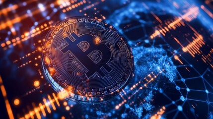 Futuristic blockchain technology hud interface displays a global globe, representing the decentralized nature of blockchain. The interconnected polygon symbolizes peer-to-peer networks