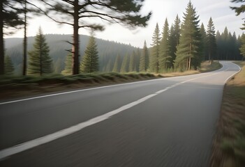 Naklejka premium A blurred road winding through a hilly, forested landscape with pine trees on either side