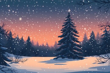 Naklejka premium Snowy Winter Forest Landscape at Sunset