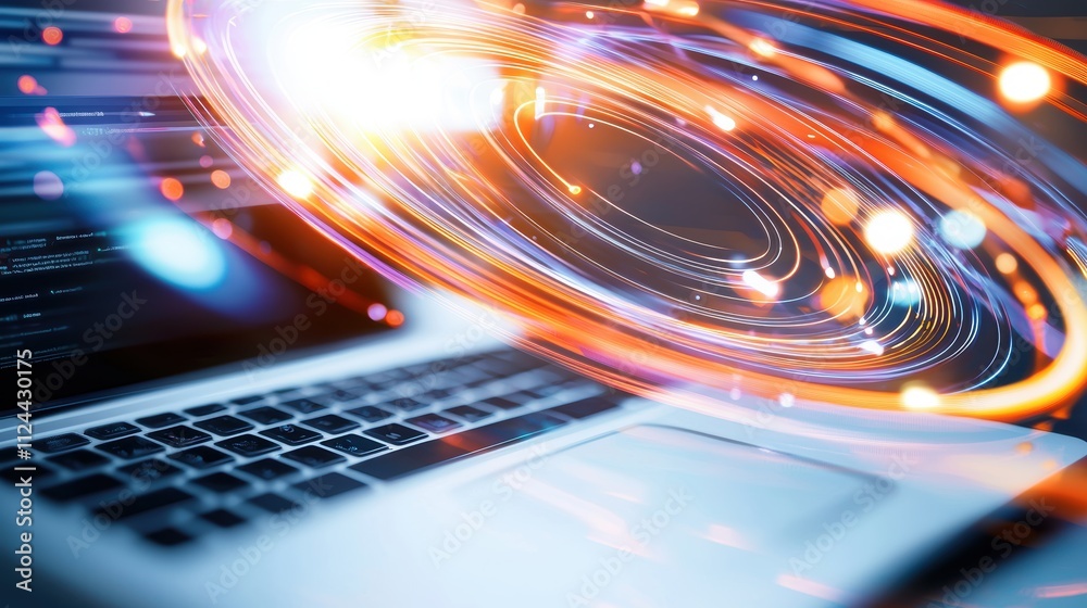 Poster abstract light trails with laptop background for technology concept