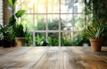 Fototapeta premium Natural Light Streaming Through Windows in a Cozy Indoor Garden Setting with Potted Plants on a Wooden Table Surface