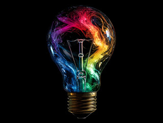 A light bulb breaking open to reveal swirling rainbow colors. Artistic representation