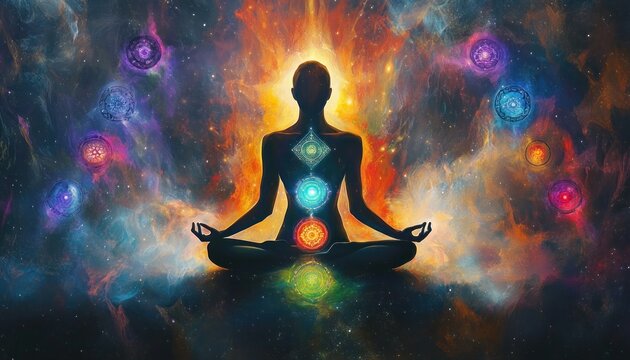 Meditative Silhouette Surrounded by Vibrant Chakras in Cosmic Background Digital Surrealism Ethereal Lighting