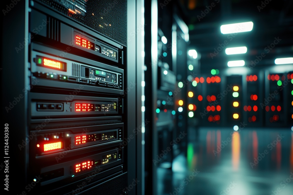 Poster Modern Data Center with Servers and LED Lights in Dark Environment