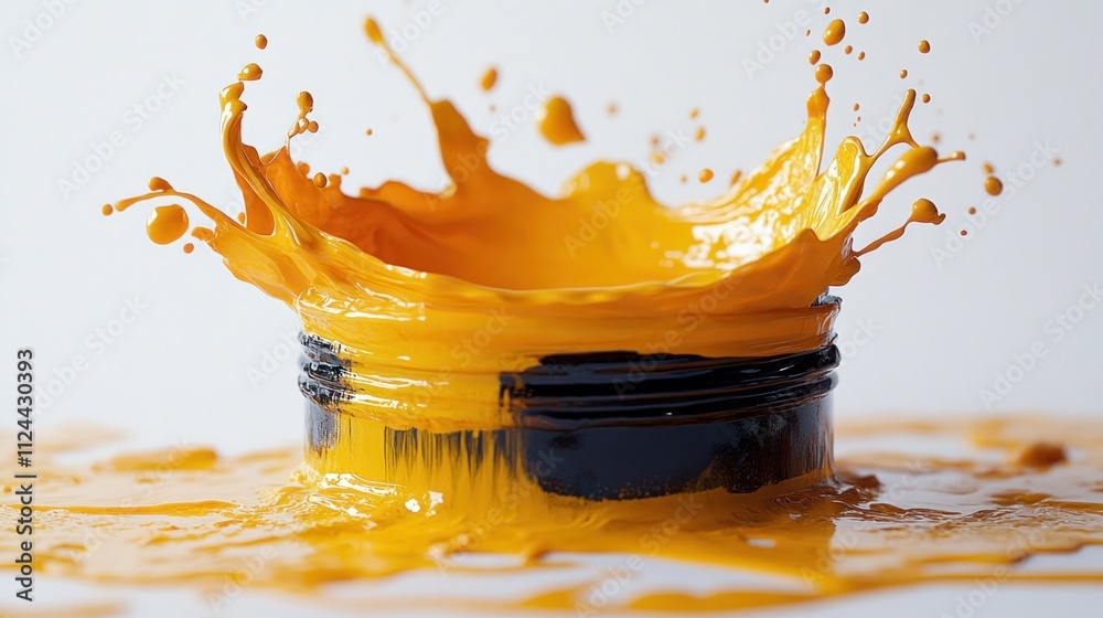 Poster yellow paint splash from bucket in motion on white background