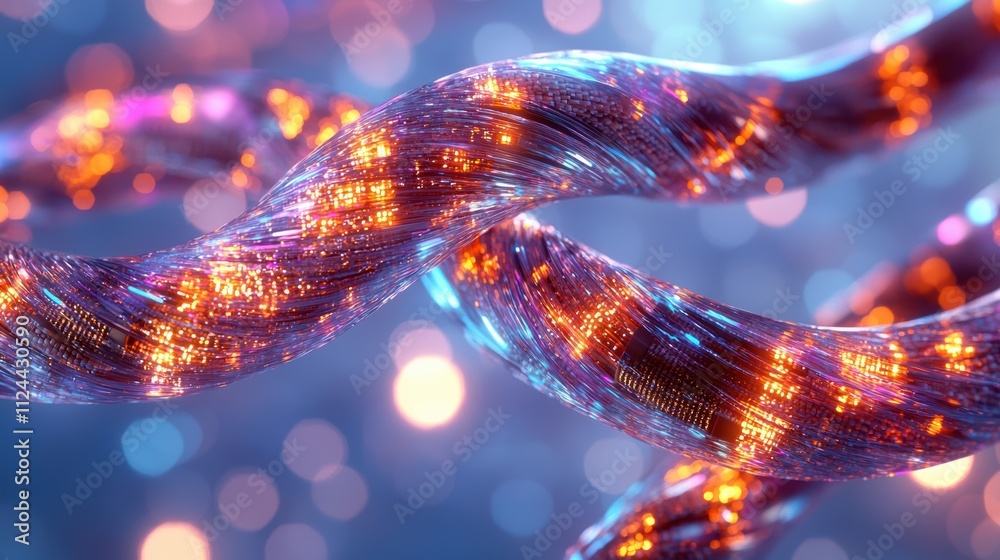 Poster abstract colorful twisted fiber optic light waves and bokeh background