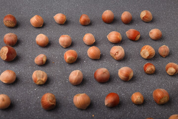 raw hazelnuts in shells lay out in square shape on grey background