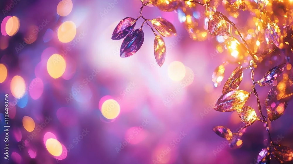 Poster colorful bokeh effect with decorative leaves and soft lighting