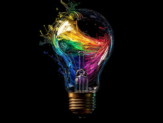 A light bulb breaking open to reveal swirling rainbow colors. Artistic representation