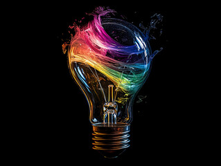 A light bulb breaking open to reveal swirling rainbow colors. Artistic representation