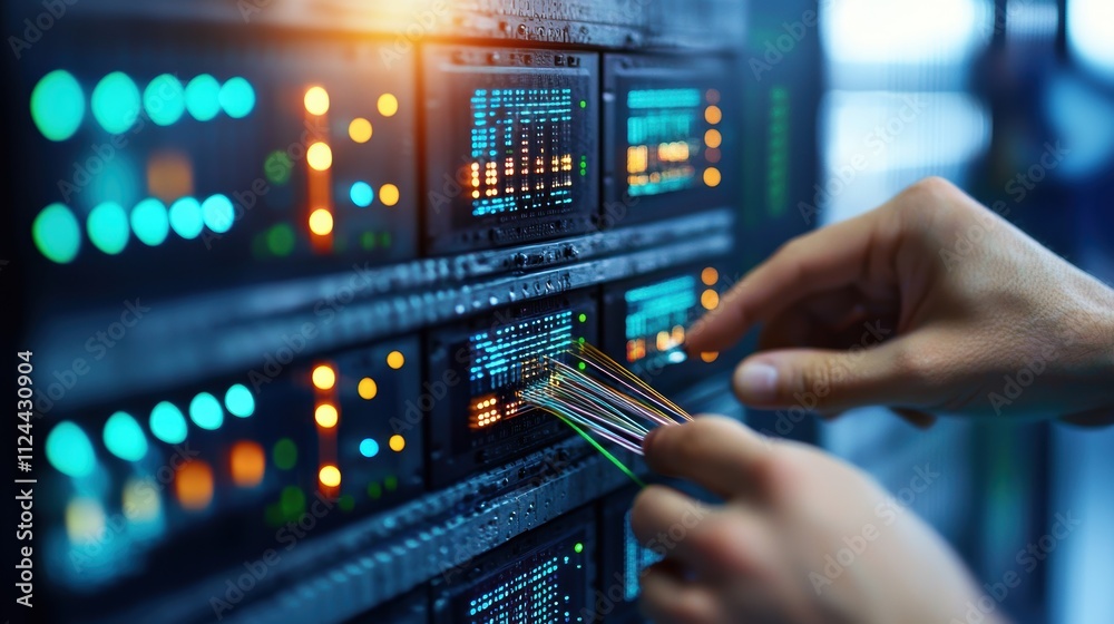 Poster Hands Connecting Cables to Server in Data Center with Colorful Lights