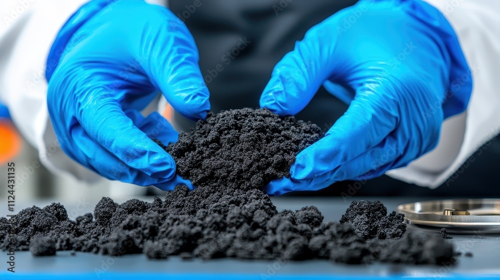 Poster Scientist Analyzing Black Granular Material in Laboratory Setting