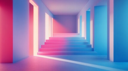 Obraz premium Abstract Neon Pink and Blue Staircase in Minimalist Room
