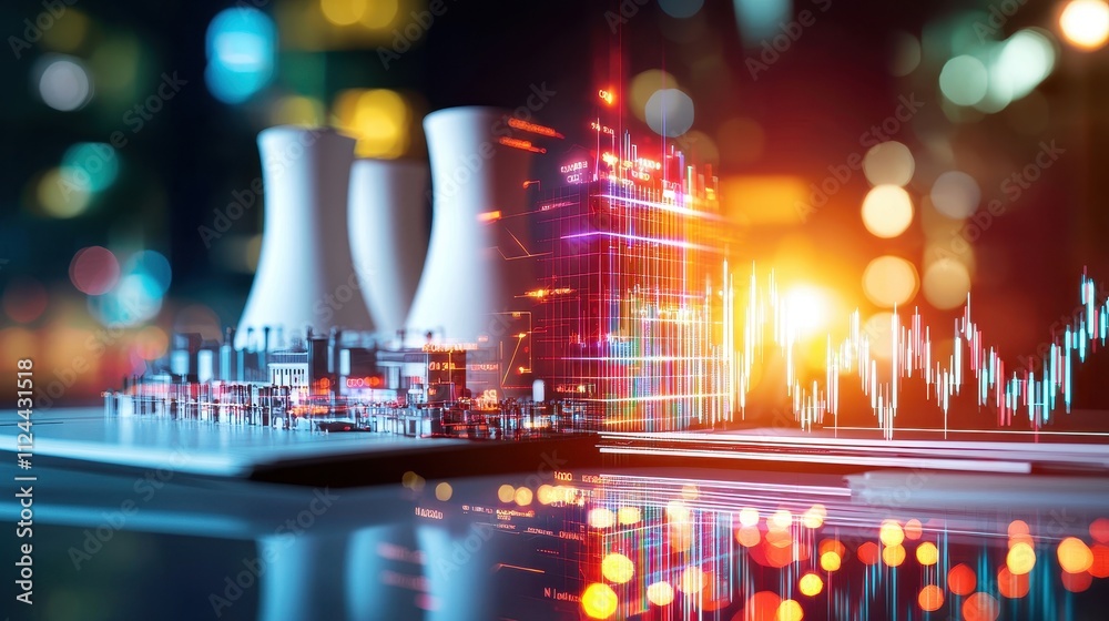 Poster energy infrastructure with digital data visualization at night