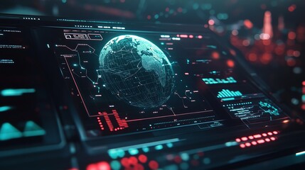 Futuristic blockchain technology hud interface displays a global globe, representing the decentralized nature of blockchain. The interconnected polygon symbolizes peer-to-peer networks