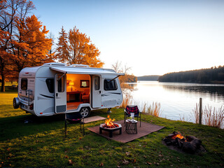 A camper trailer parked beside a serene lake, surrounded by nature's beauty and tranquility.