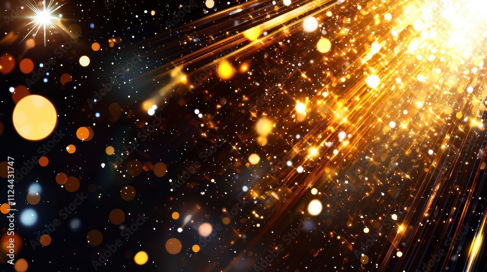 Poster Shimmering Gold Particles with Soft Light Rays on Dark Background