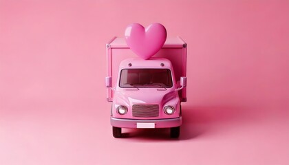 A playful pink toy truck adorned with a heart, set against a matching pink background, evokes themes of love and affection.