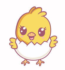 Illustration of a little baby chicken bird cartoon character breaking out of a Easter egg/ Yellow cute chick