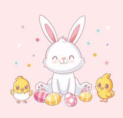 Cartoon illustration of happy bunny with Easter eggs, chickens, flowers. Kawaii hare for Eastery card, sticker, banner, package design. Vector illustration