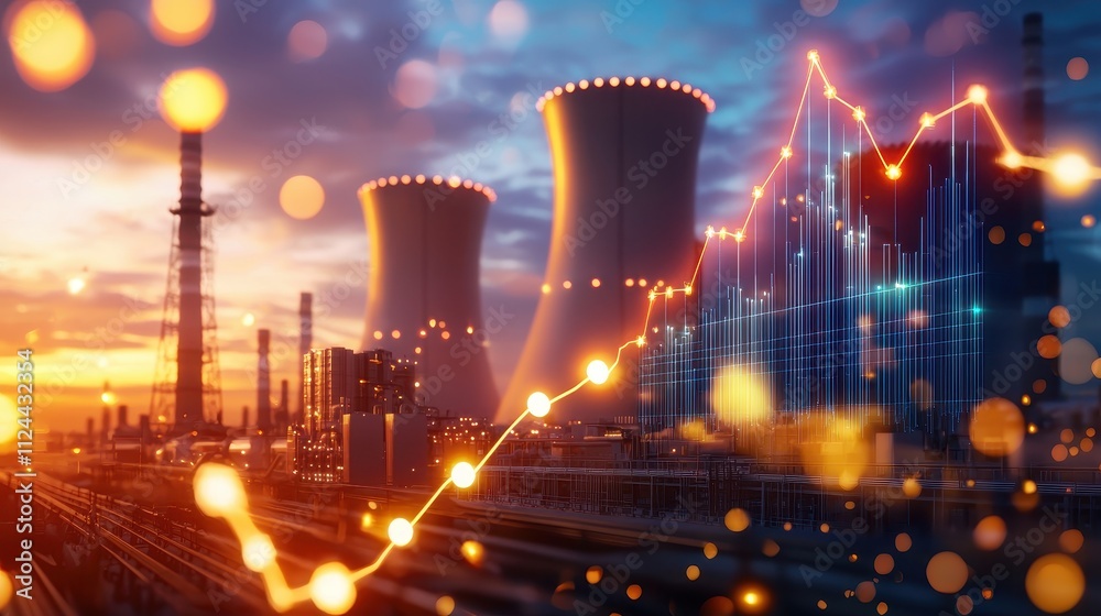 Poster industrial landscape with cooling towers and data visualization elements