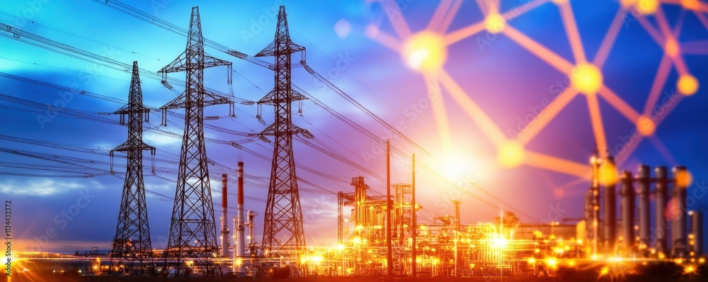 Poster power lines at dusk with industrial plant and network overlay