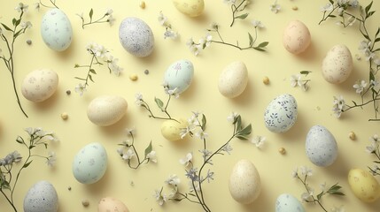 Soft yellow background, elegantly arranged with colorful Easter eggs and delicate Easter branches with fresh green leaves and delicate blossoms scattered around. Wallpaper, banner, poster, backdrop