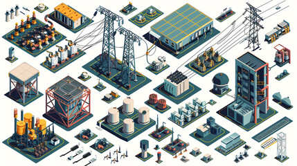 Isometric Industrial Infrastructure: A comprehensive isometric illustration showcasing a diverse range of industrial facilities, energy production plants, and power infrastructure elements.