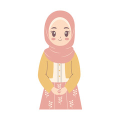 Cute Pretty Muslim Girl Cartoon Character Wearing Hijab and Fashion Outfit While Smiling