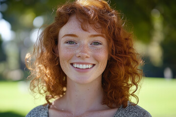 Young Caucasian woman with freckles and curly red hair, wearing casual clothes, smiling brightly, standing in a sunny park, natural makeup, vibrant and fresh energy, sharp details, generative AI