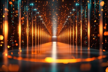 Futuristic Data Center with Bright Lights and Colorful Particles