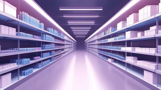 A supermarket aisle between tall shelves of blank products, with clean lines and a modern layout