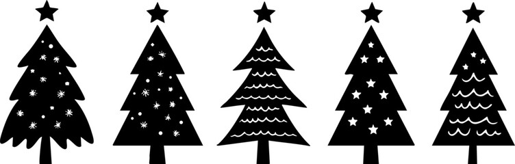 Obraz premium A collection of five unique black silhouettes of Christmas trees, each featuring different decorations and shapes, perfect for holiday designs.