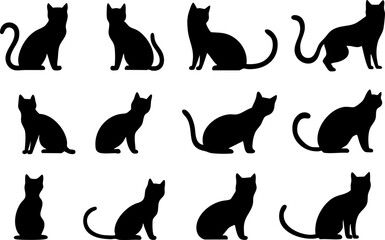 A collection of black cat silhouettes in various poses, perfect for graphic design and illustration projects.