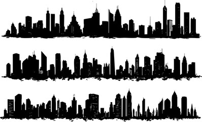 Fototapeta premium A stylized silhouette of city skylines featuring various building shapes and designs, perfect for urban-themed projects.