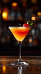 Colorful cocktail garnished with cherry served in elegant glass at a dimly lit bar setting