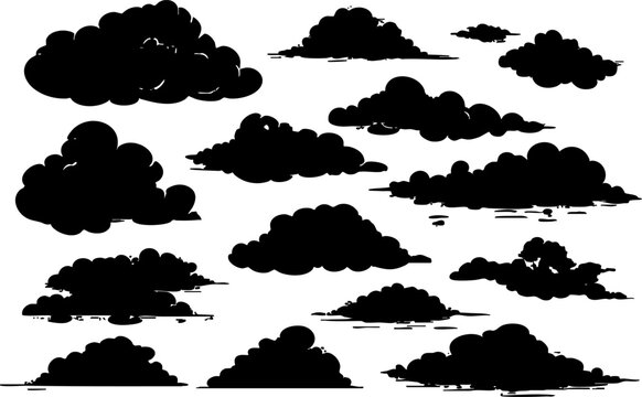 A collection of black silhouette clouds in various shapes and sizes, suitable for graphic design and illustration.