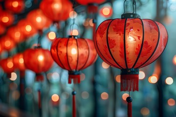 Chinese lanterns illuminate a festive evening in a vibrant celebration setting with warm glow and intricate designs