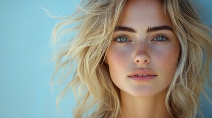 Fototapeta premium Beauty portrait of smiling laughing woman with tousled blonde hair clean fresh face in soft natural light