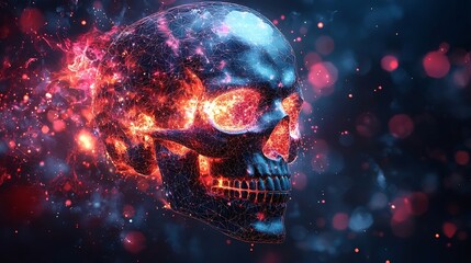 Neon Skull with Glowing Eyes and Sharp Lines Against Dark Background Bold and Edgy Concept