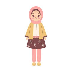 Cute Pretty Muslim Girl Cartoon Character Wearing Hijab and Fashion Outfit While Smiling