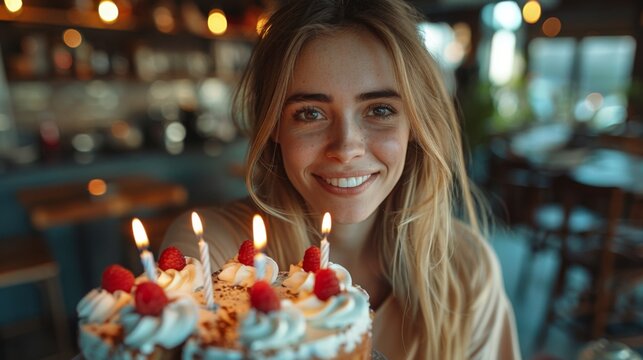 Happy birthday. a woman taking selfie with her smartphone, holding up a slice of birthday cake to the camera, candle on top