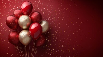 Happy birthday. red and gold balloons with glitter on red background banner for celebration or party, space in the middle for text,
